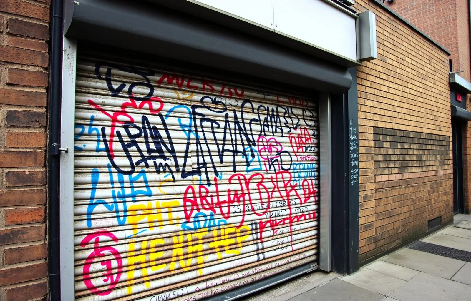 Bethnal Green newsagent shutter before graffiti removal