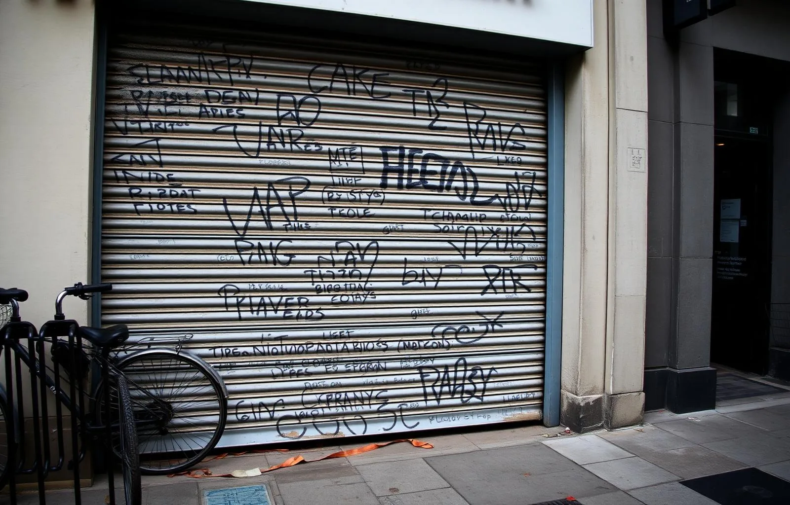 Hackney café shutter before graffiti removal